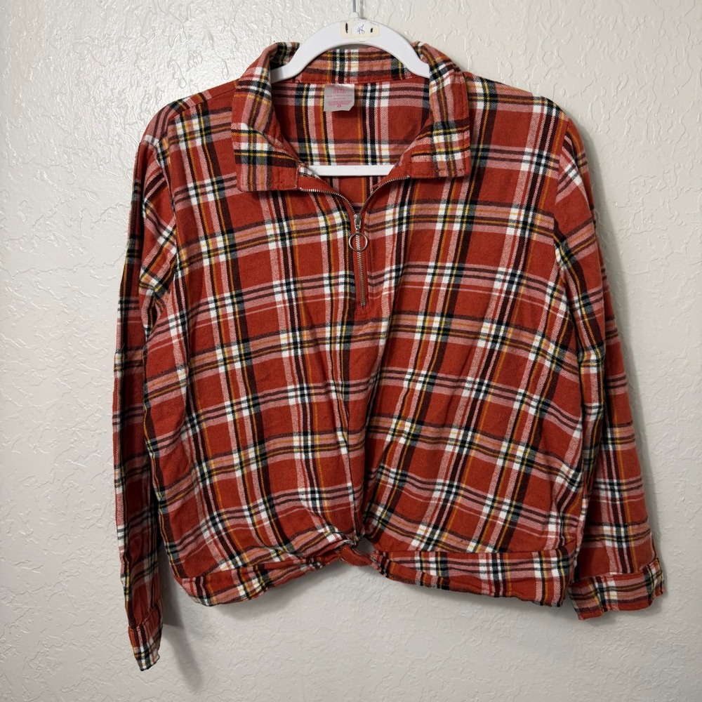 No Boundaries Plaid Quarter Zip Front Knot Pullover Top Red XL 15-17